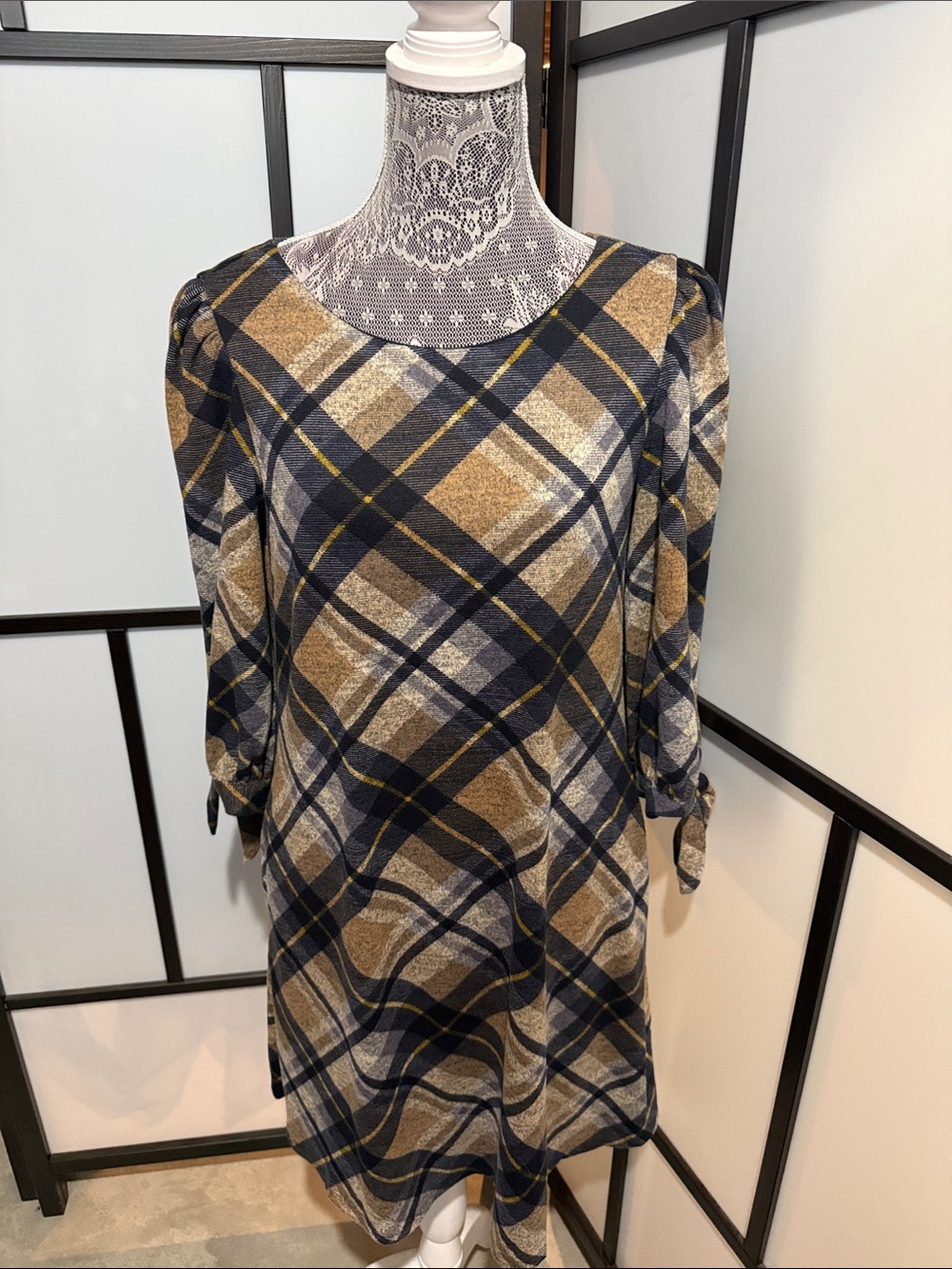 JH Collectibles Navy, Tan & Gray Plaid Mini Dress